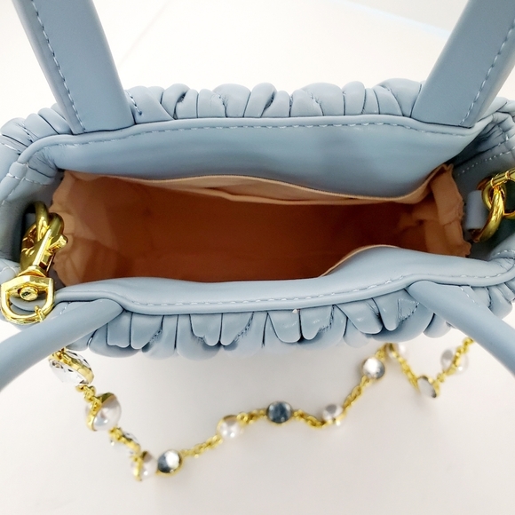 Women's Blue Pleaded Faux Leather Tote Handbag with Pearl Chain Strap - Picture 7 of 9